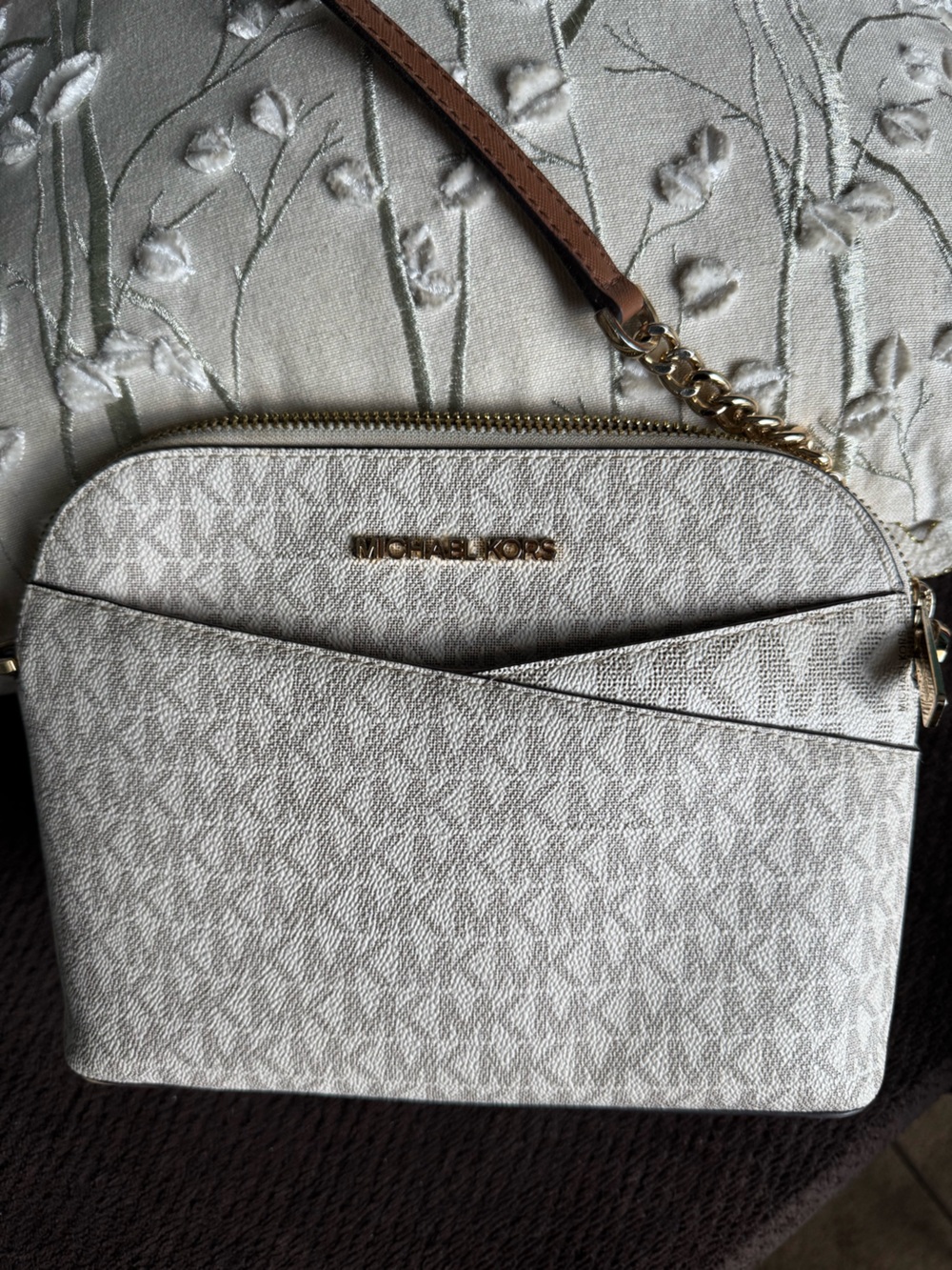 Michael Kors White Logo Crossbody with Tan Strap and Gold Hardware